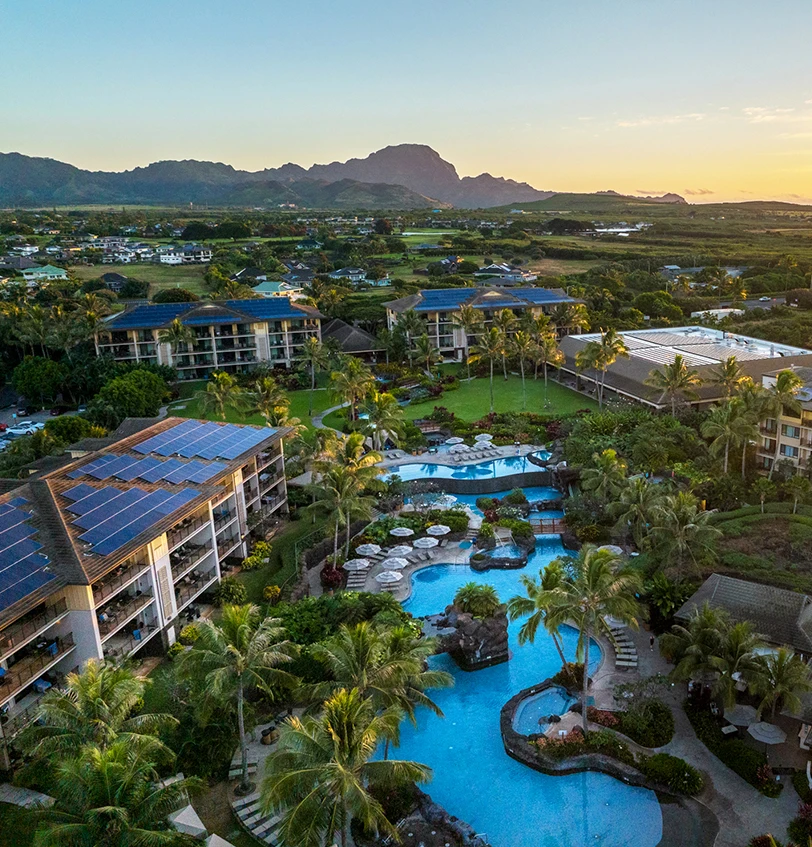 Aerial view of Koloa Landing Resort and its pools